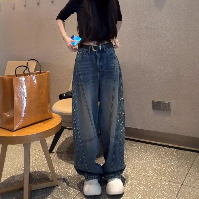 满天星烫钻弯刀牛仔裤女2026春季高腰梨形身材高腰显瘦阔腿直筒裤,女装/女士精品,牛仔裤,淘宝优惠券,粉丝福利购,淘宝优惠卷