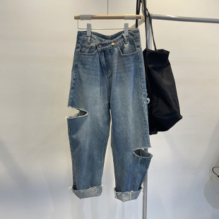 子夏季 高腰显瘦哈伦裤 薄款 破洞牛仔裤 胖妹妹mm大码 梨形身材女裤