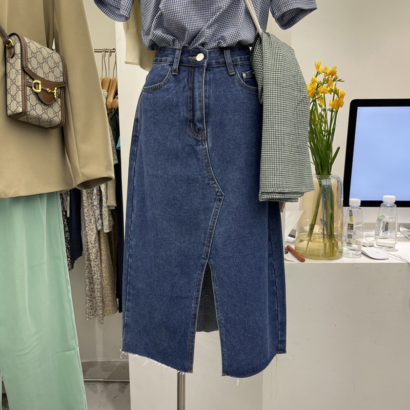 胯骨宽适合裙子女秋新款胖妹妹大码高腰显瘦中长款开叉牛仔半身裙