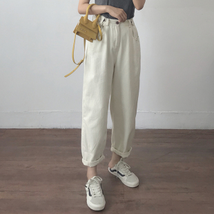 显瘦老爹萝卜裤 哈伦裤 夏季 薄款 子 米白色休闲牛仔裤 裤 女胖妹妹大码