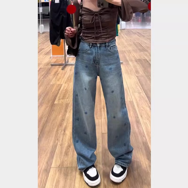 复古刺绣烫钻牛仔裤女夏季高腰显瘦窄版直筒裤垂感高级感阔腿裤子