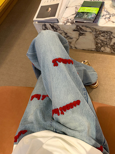 美式高街复古刺绣牛仔裤女秋冬胖妹妹大码直筒阔腿裤高腰显瘦裤子