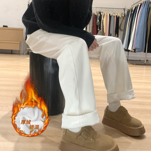 白色加绒直筒牛仔裤女冬季2025年新款小个子垂感高级休闲阔腿裤子