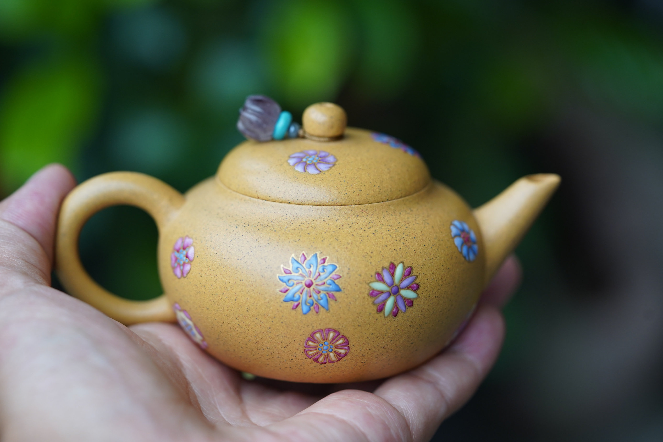 蜜糖紫砂|女士茶器(迷你水平壶)皮球花宝石釉珐琅彩100c小品