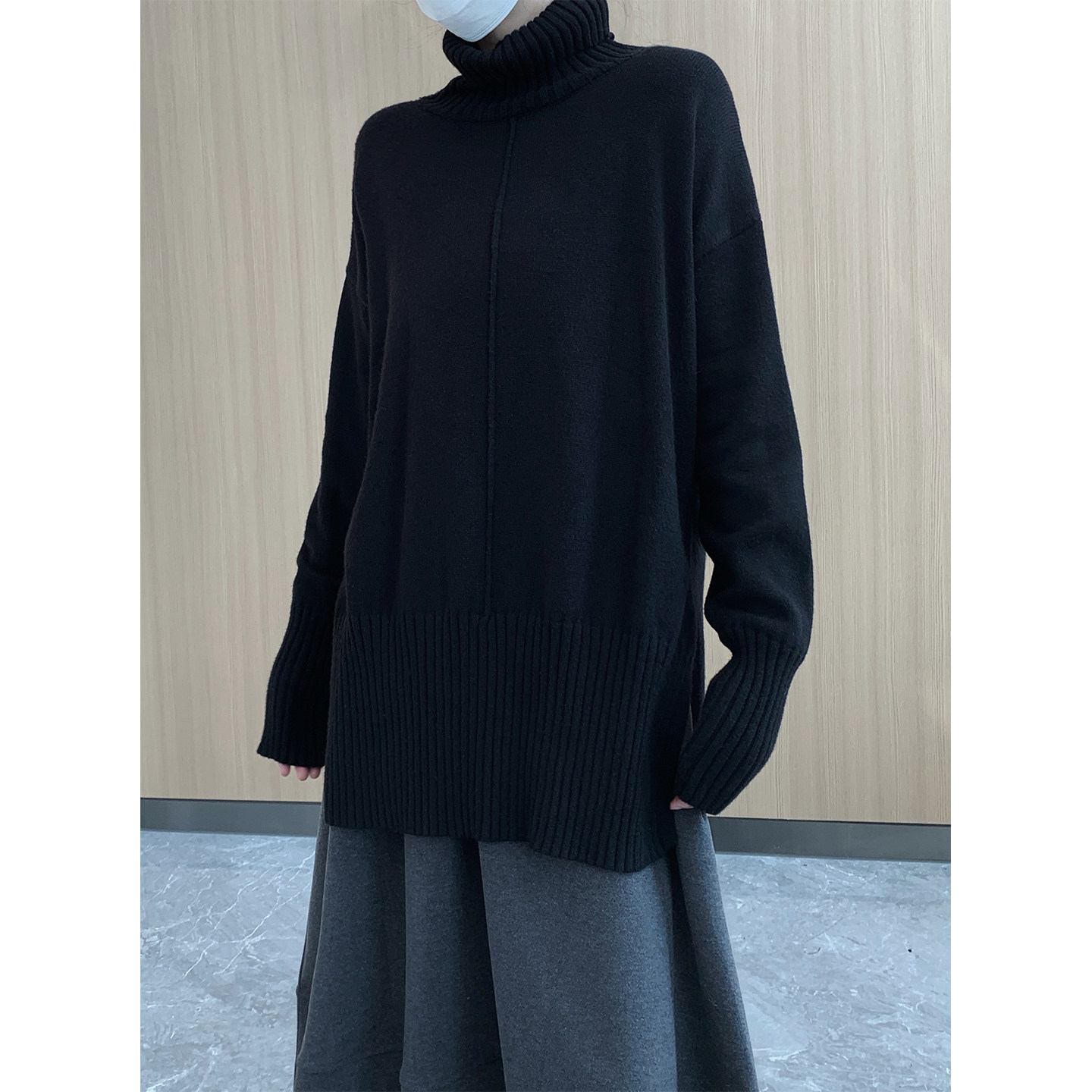 threepound/前短后长 黑色高领针织衫开叉宽松软糯慵懒毛衣秋冬女