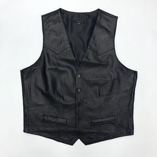 摩托机车街头风格 小羊皮马夹 宽松皮衣夹克 外单复古时尚 真皮马甲