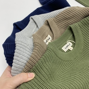重磅粗针毛衣男阿美咔叽圆领套头全棉加厚毛衫 日系复古宽松毛线衣