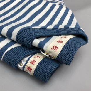 T恤男 日系复古文艺情侣体恤 纯棉厚实重磅夏季 蓝色条纹短袖 海魂衫
