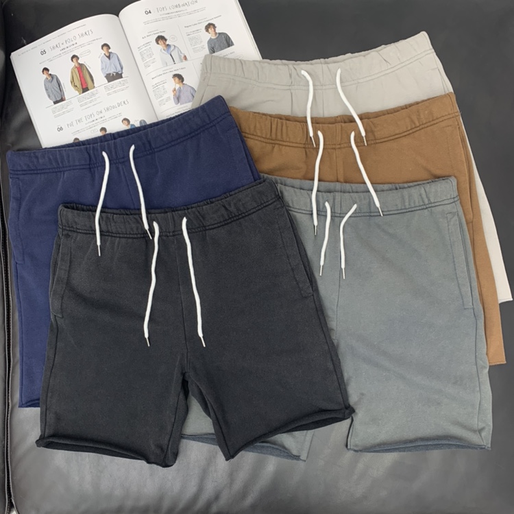 重磅针织毛圈短裤男日系复古做旧慵懒松紧咖啡宽松休闲运动五分裤