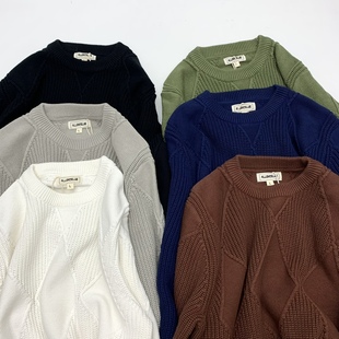 阿美咔叽重磅粗针毛衣男圆领套头全棉加厚日系复古宽松菱格毛线衫