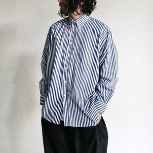 日系复古试衣间扣领全棉宽松休闲长袖 日式 薄款 男夏季 衬衣 条纹衬衫
