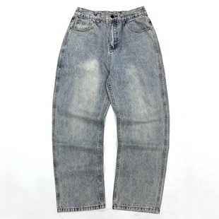 厚实阔腿老爹裤 重水洗秋季 女 男阿美咔叽宽松直筒拖地裤 浅蓝牛仔裤