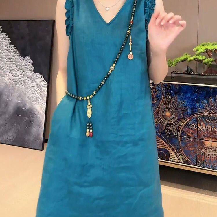 设计感花边民族风无袖连衣裙复古
