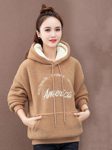 加绒加厚宽松羊羔毛简约通勤绣花