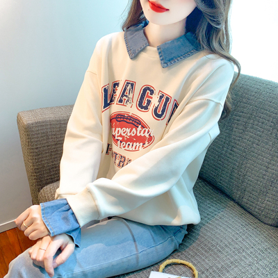 常规宽松韩版牛仔拼接卫衣印花