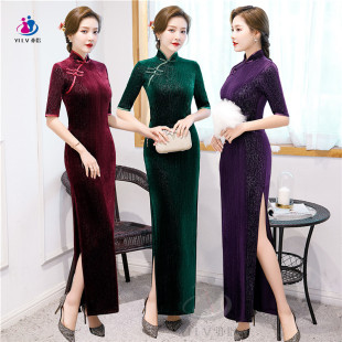 旗袍改良版 金丝绒秋冬高端气质显瘦减龄洋气妈妈连衣裙 2020年新款