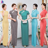 表演 素雅少女绿色格子2022年春夏新款 旗袍年轻款 高端气质改良长款