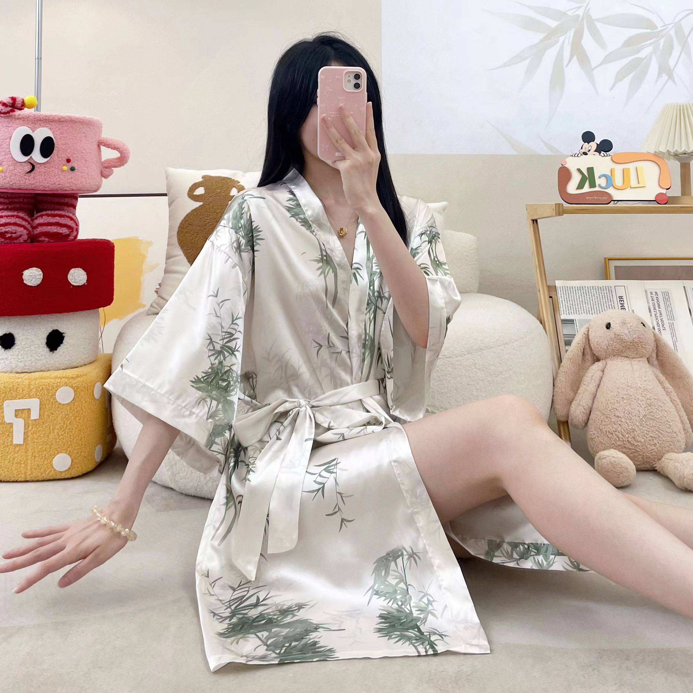 睡袍女夏季新款性感纯欲风短袖仿真丝浴袍睡裙一体短款家居服睡衣
