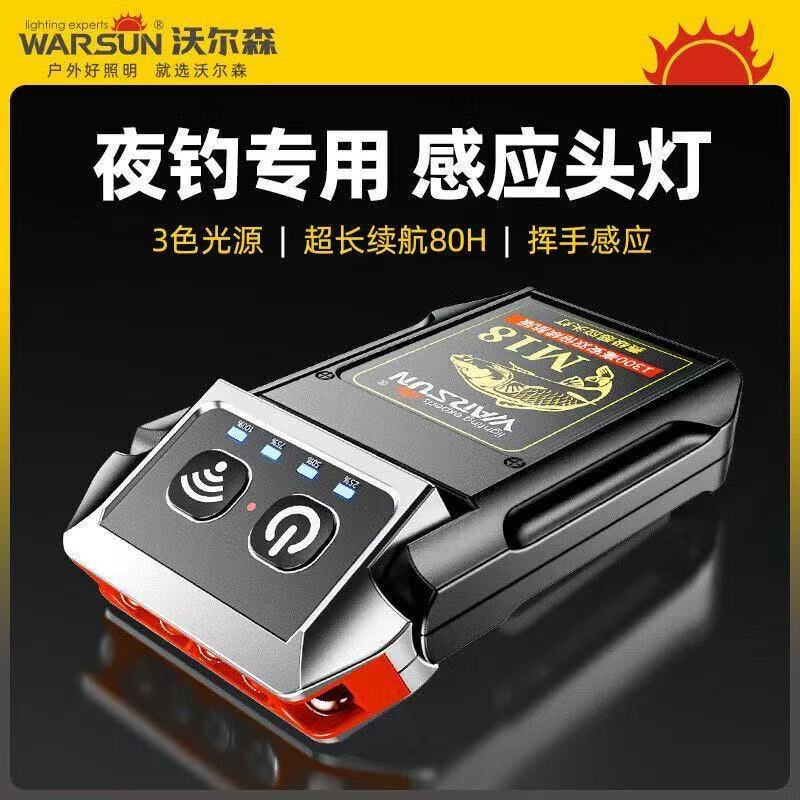 沃尔森夜钓头灯强光超亮钓鱼专用充电感应超长续航头戴帽夹灯