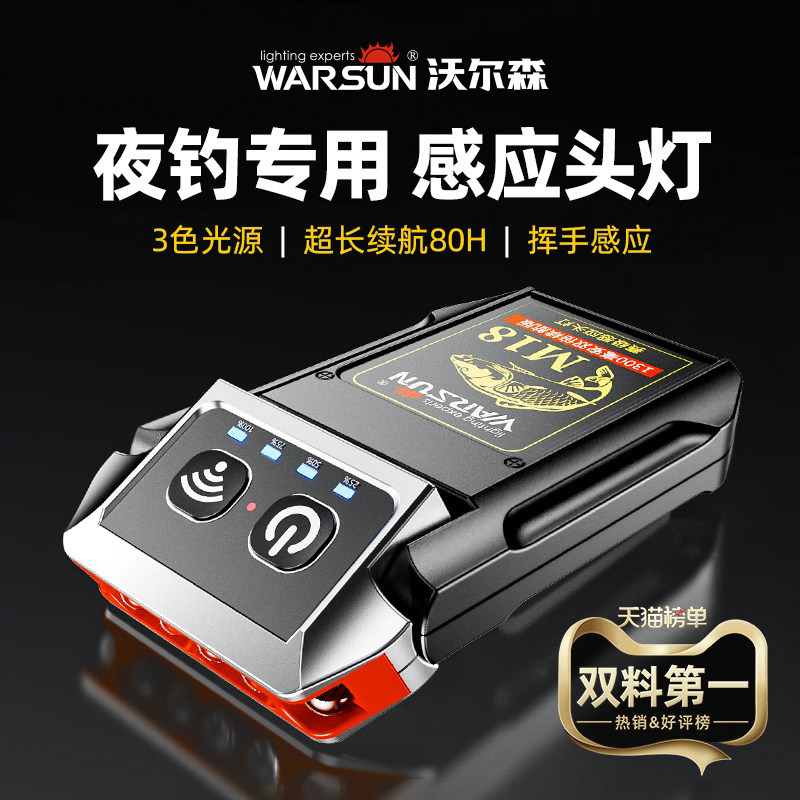 沃尔森夜钓头灯强光超亮钓鱼专用充电感应超长续航头戴帽夹灯