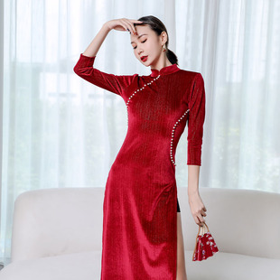 新中国风古典舞蹈跳舞专用弹力旗袍身韵练功演出服珍珠丝绒秋冬款