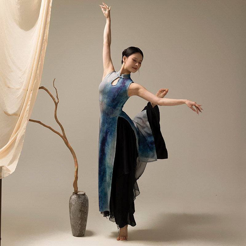2026新中式挂脖旗袍式无袖舞蹈服女网纱印花古典舞练功服开叉表演
