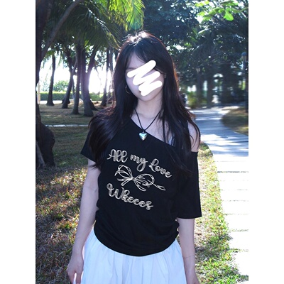 黑色一字肩斜肩短袖t恤女2025