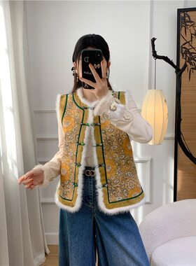新中式国风盘扣人丝夹棉马甲女2025年冬季新款水貂绒保暖坎肩上衣