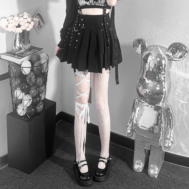 夏jk渔网袜高筒洛丽塔过膝袜辣妹纯欲大腿绑带袜Lolita白丝长筒袜