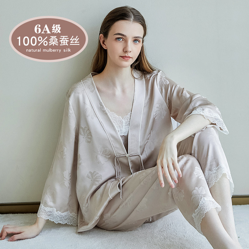 杭州丝绸100%桑蚕丝家居服吊带长裤三件套真丝蕾丝宽松中国风睡衣