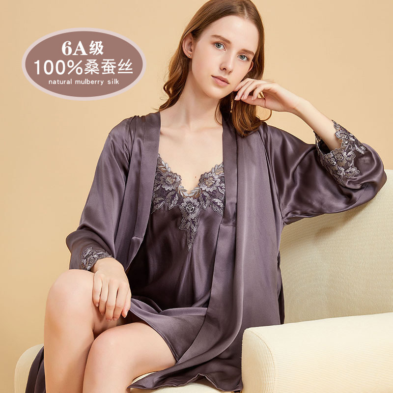 100%桑蚕丝真丝吊带睡袍两件套睡衣系带纯色蕾丝花边家居服女紫色