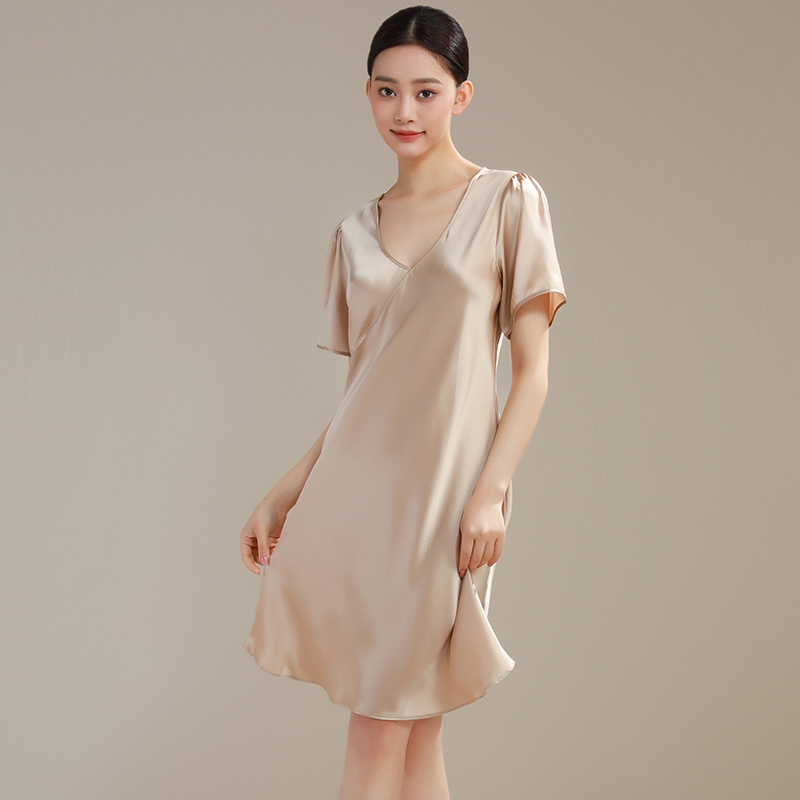 100%桑蚕丝睡衣女夏短袖真丝睡裙