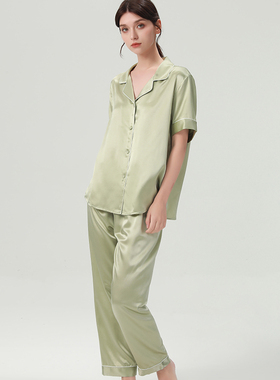 新款正品100%桑蚕丝夏季真丝睡衣女士短袖两件套高级感家居服绿色
