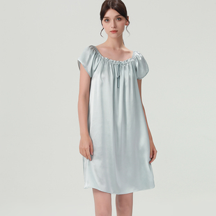 2025新款100%桑蚕丝淡蓝真丝睡裙女士透气重磅宽松睡衣性感家居服