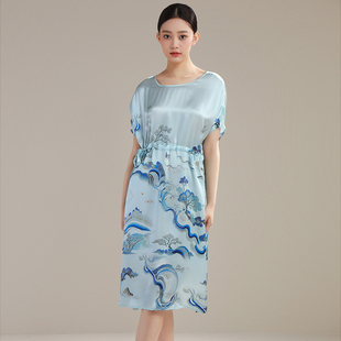 新中式100%桑蚕丝睡衣真丝睡裙女夏短袖收腰显瘦外穿丝滑妈妈长裙