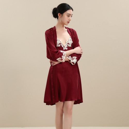 桑蚕丝真丝睡袍女士蕾丝边吊带浴袍家居服睡衣奢华新婚酒红色套装