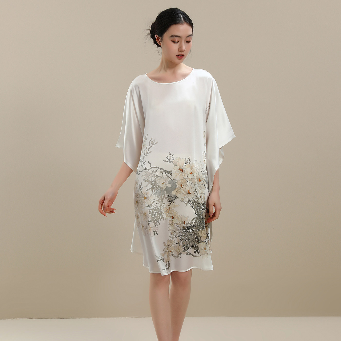 新款100%桑蚕丝睡裙女士薄款短袖印花宽松夏季睡衣真丝家居服长裙
