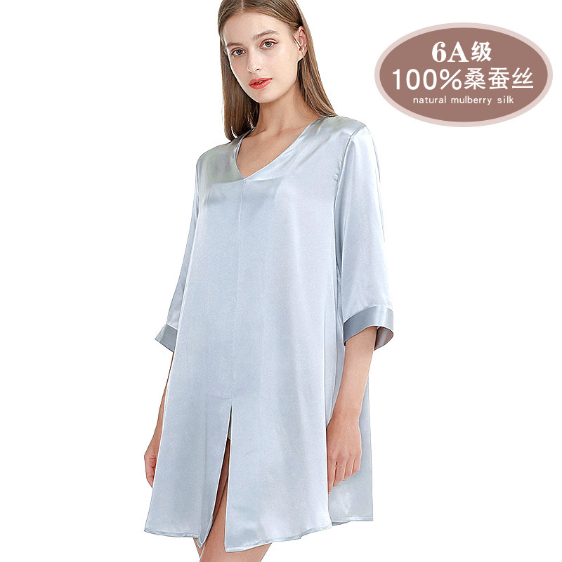 2026新款桑蚕丝v领中长款纯色睡裙真丝中袖休闲家居服女性感睡衣