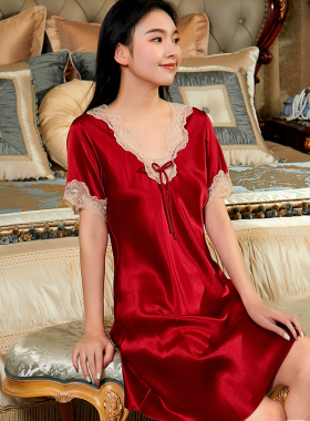 夏季新款19姆米新婚短袖真丝睡衣裙桑蚕丝睡衣女蕾丝丝绸性感红色