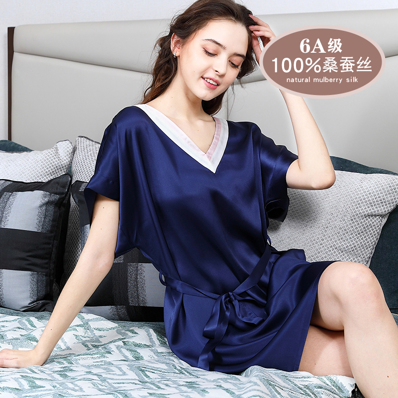 杭州丝绸100%桑蚕丝睡裙纯色宽松加大码家居服夏季真丝藏青色睡衣