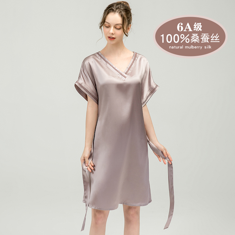 100%桑蚕丝纯色V领腰带款短袖睡裙宽松大码家居服高档真丝睡衣女