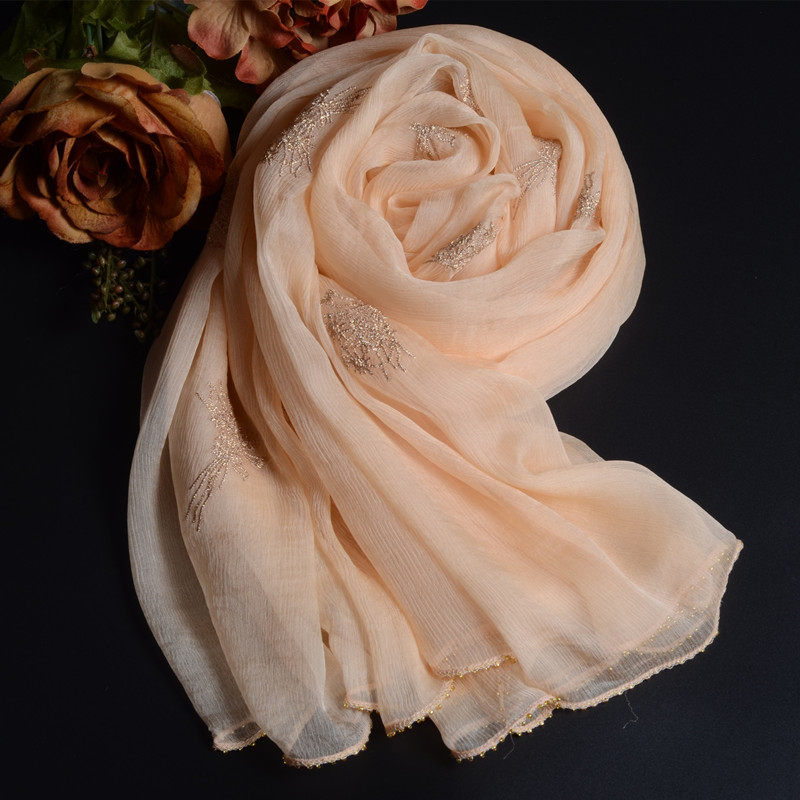 韩国正品刺绣真丝围巾女长款春秋冬季披肩真丝桑蚕丝巾时尚粉黄色