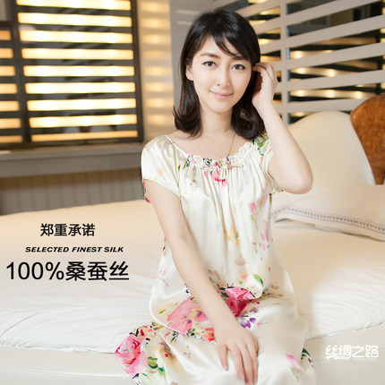 杭州丝绸100%桑蚕丝印花女真丝睡衣春夏季短袖家居宽松睡裙孕妇裙