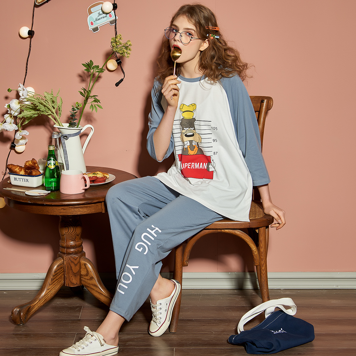 雪俐春秋居家服棉质长袖女士甜美女人睡衣圆领套头家居服可爱套装