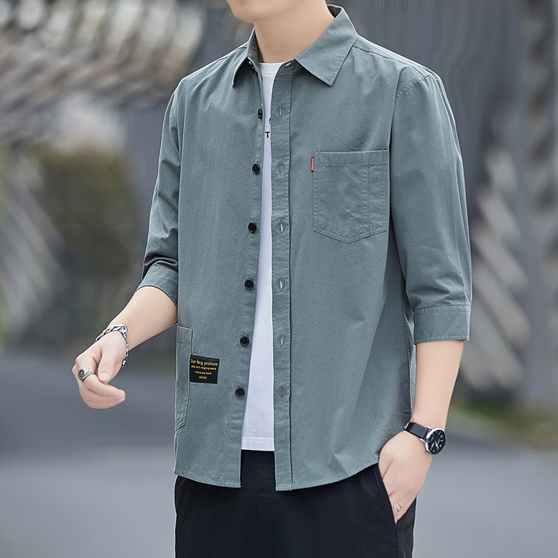 七分袖工装纯棉衬衫男夏季薄款休闲五分中袖衬衣潮流男装短袖外套