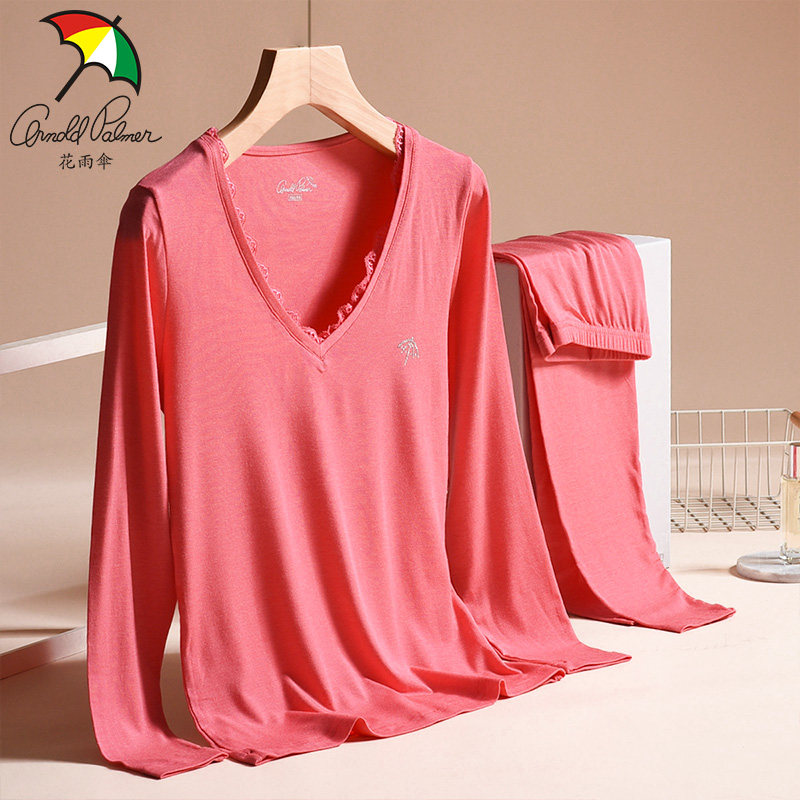 花雨伞女士薄款内衣 纯色v领蕾丝花边腈纶弹力基础打底保暖套装