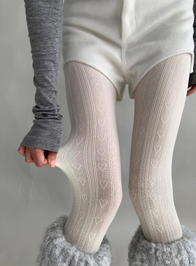 温柔奶白竖纹爱心连裤袜女miu显瘦咖色打底袜秋冬外穿百搭不掉档