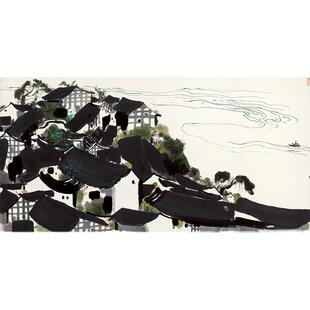名画复制吴冠中乌江小镇国画写意水墨风景艺术微喷复古字画装饰画