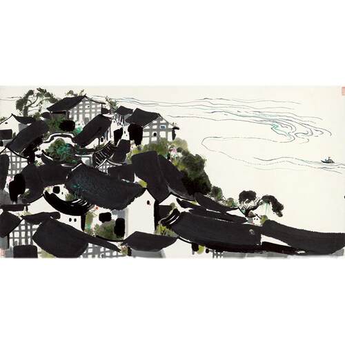 名画复制吴冠中乌江小镇国画写意水墨风景艺术微喷复古字画装饰画