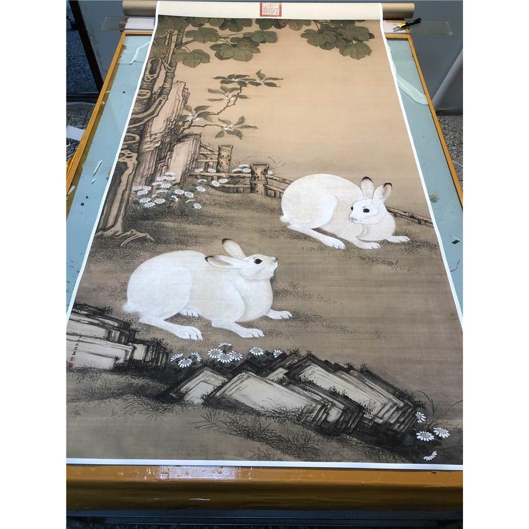 清  冷枚 梧桐双兔图工笔古画复制真迹高清国画画芯临摹装饰画轴